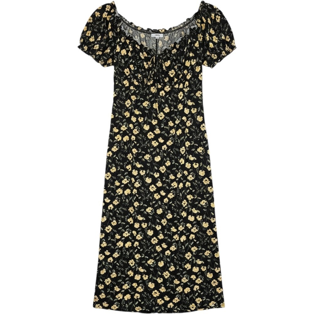 AUW Babydoll Floral Midi Dress XL Black Yellow Puff Sleeve Cottagecore Grunge